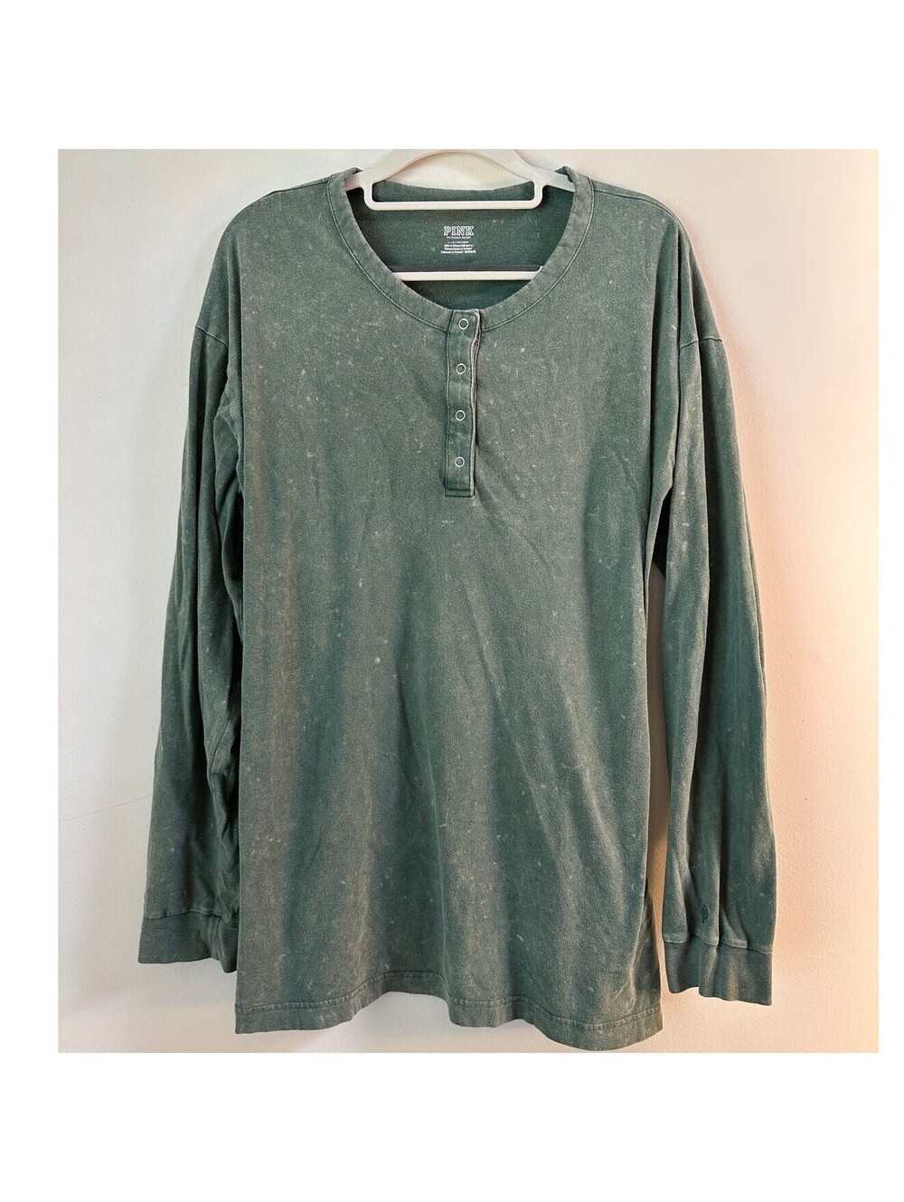 PINK Victoria's Secret Green Acid Wash Henley Long Sleeve Shirt L Cotton